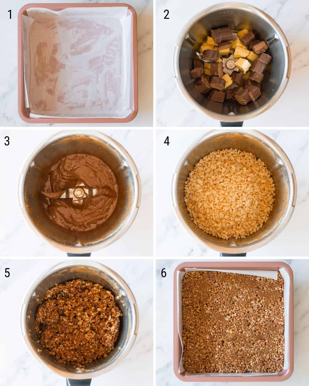 A collection of images explaining how to make Mars Bar Slice in the Thermomix