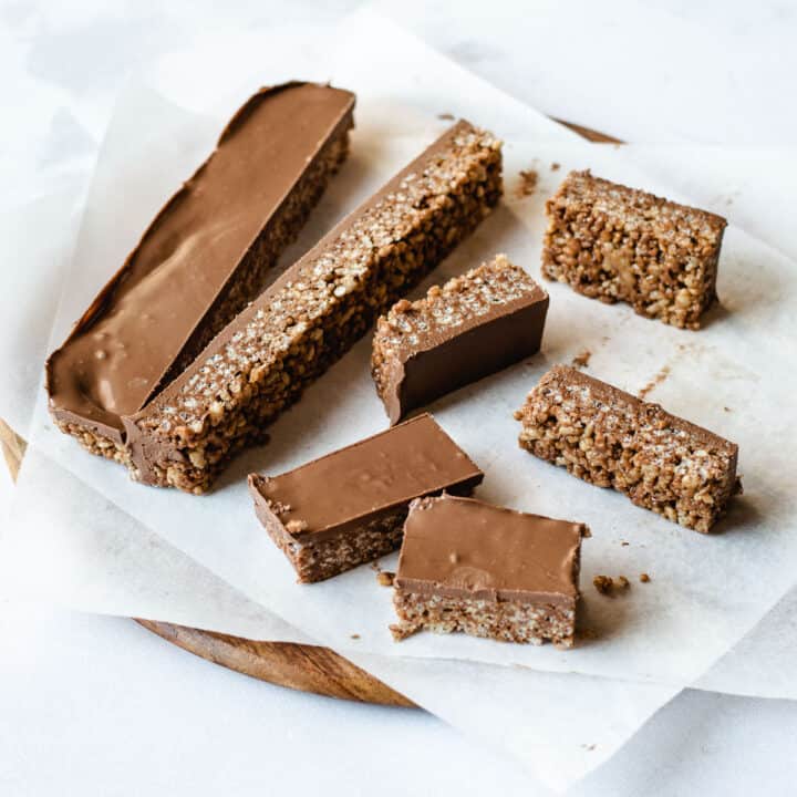 Mars bar chocolate slice on a white background.