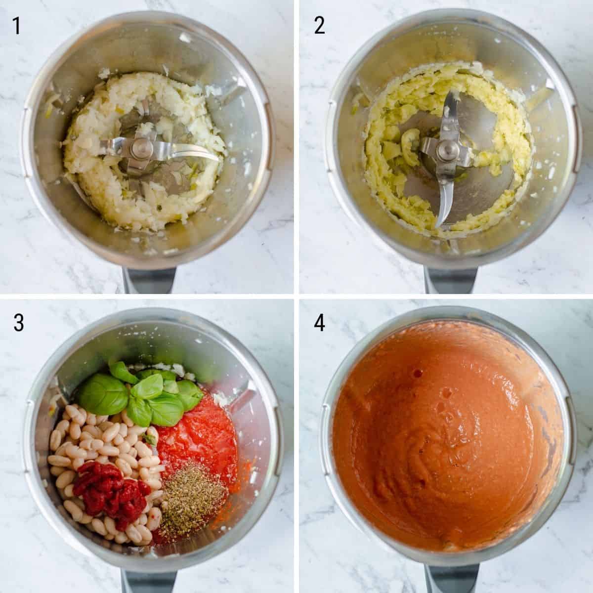 A collection of images explaining how to make tomato and white bean soup in the Thermomix.