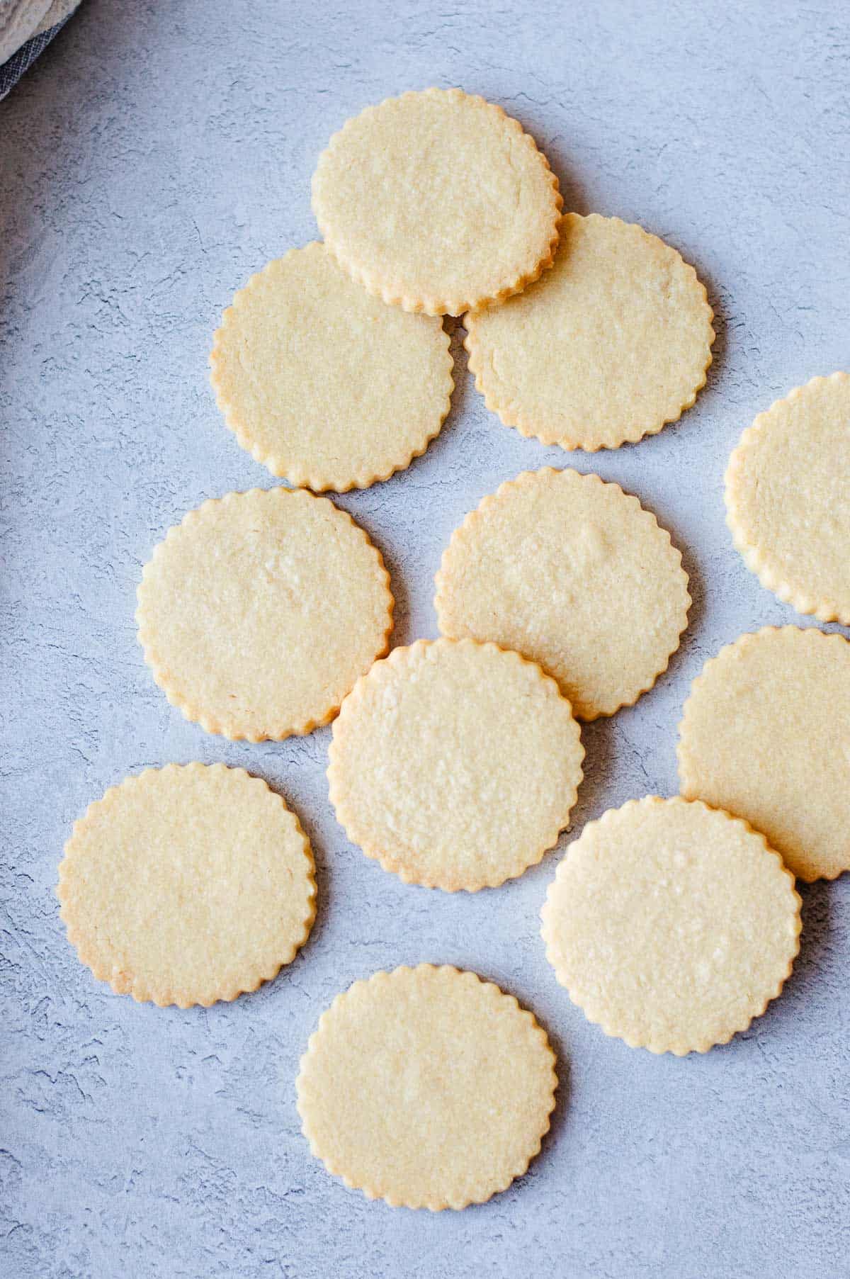 A top down view of some round sugar cookies, on a grey background.