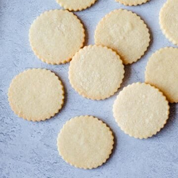 Overhead image of round cut out sugar cookies on a grey background.