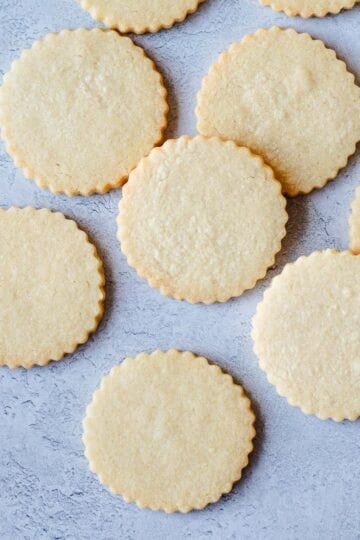 Overhead image of round cut out sugar cookies on a grey background.