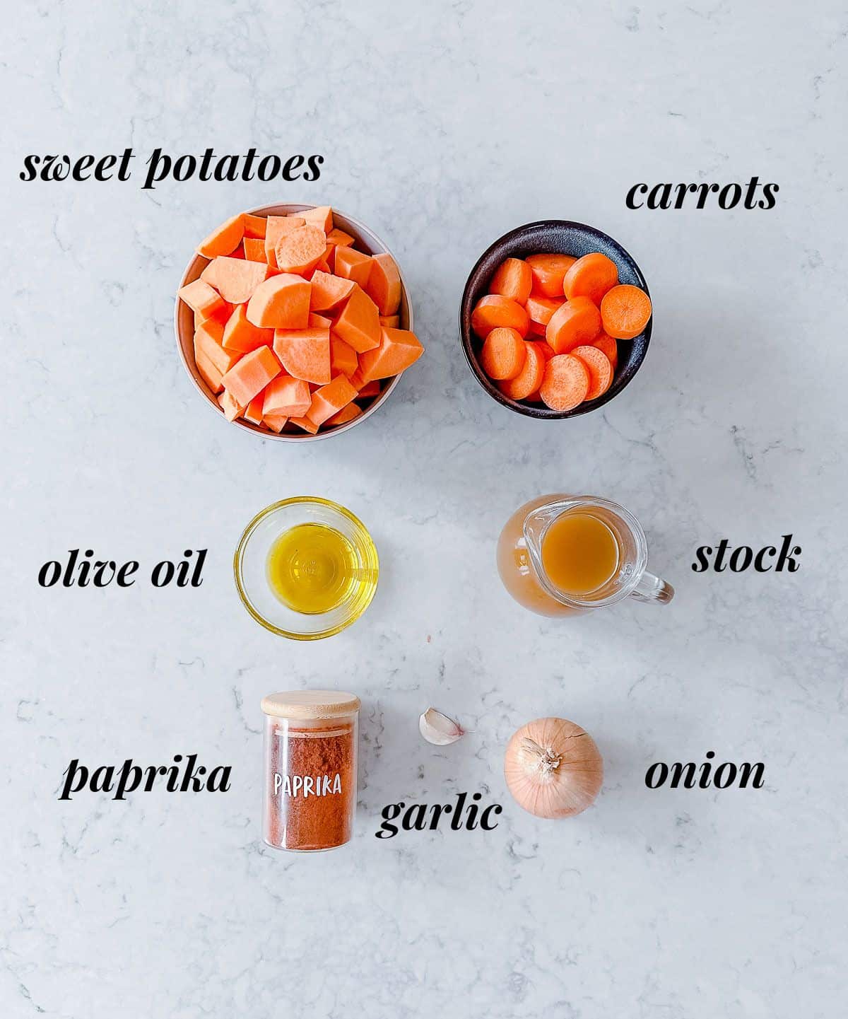 Ingredients to make sweet potato and carrot soup.