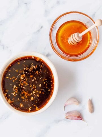 Overhead image of honey soy sauce with honey and garlic.