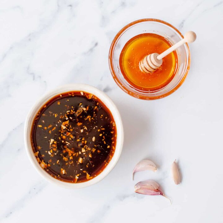 Overhead image of honey soy sauce with honey and garlic.