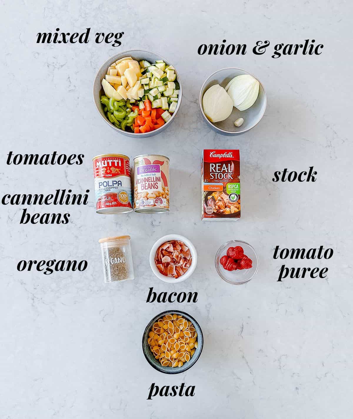 A collection of ingredients used to make a Minestrone Soup.