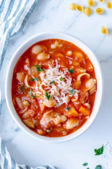 Homemade Minestrone Soup in a white bowl.