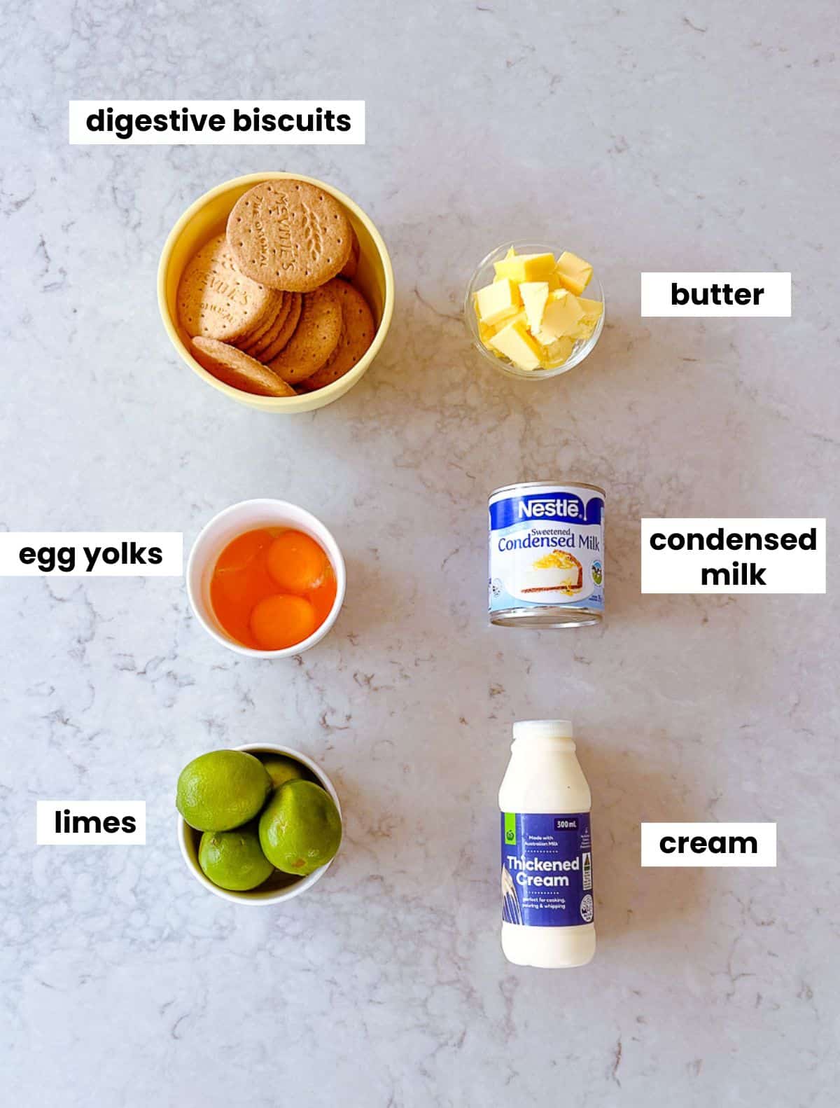 Ingredients needed to make a Key Lime Pie.