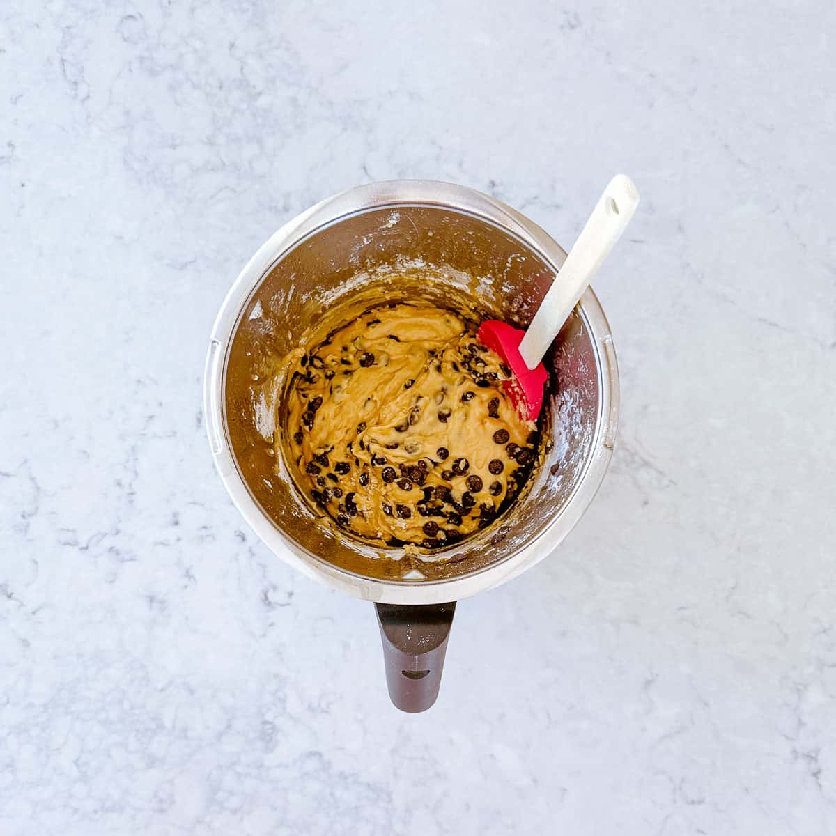 Chocolate Chip Cake batter in a Thermomix bowl.