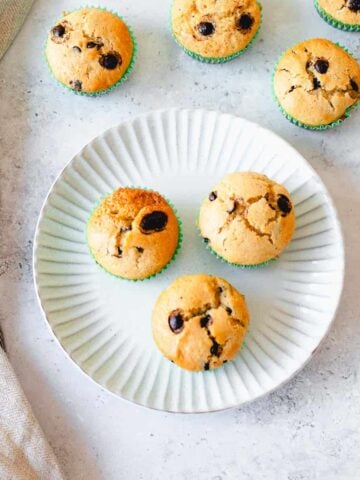 Overhead image of Chocolate Chip Muffins on a plate.