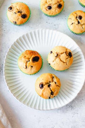 Overhead image of Chocolate Chip Muffins on a plate.
