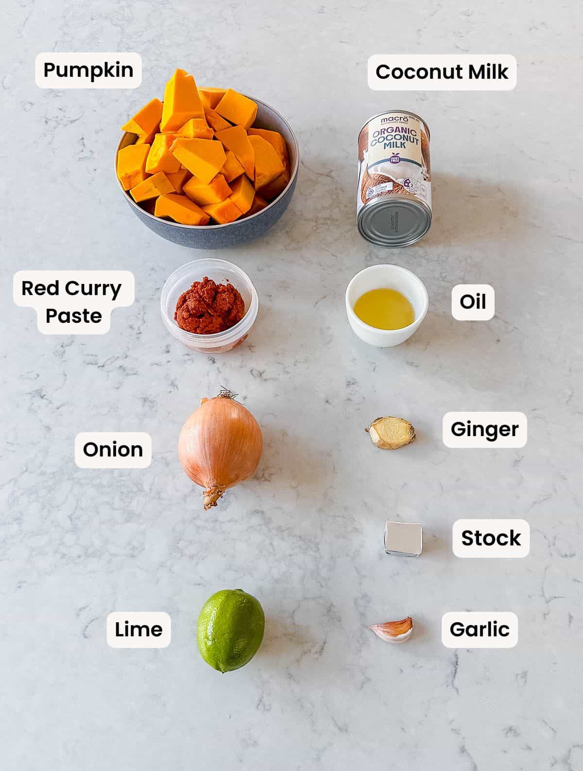 A collection of ingredients needed to make a Thai Pumpkin Soup.