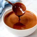 Chocolate Ganache in a white bowl with spoon.