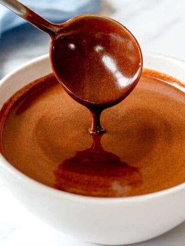 Chocolate Ganache in a white bowl with spoon.