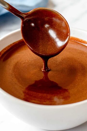 Chocolate Ganache in a white bowl with spoon.