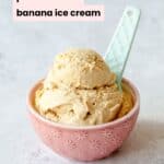 Peanut Butter Banana Ice Cream in a pink bowl, with a pale blue spoon, on a grey background.