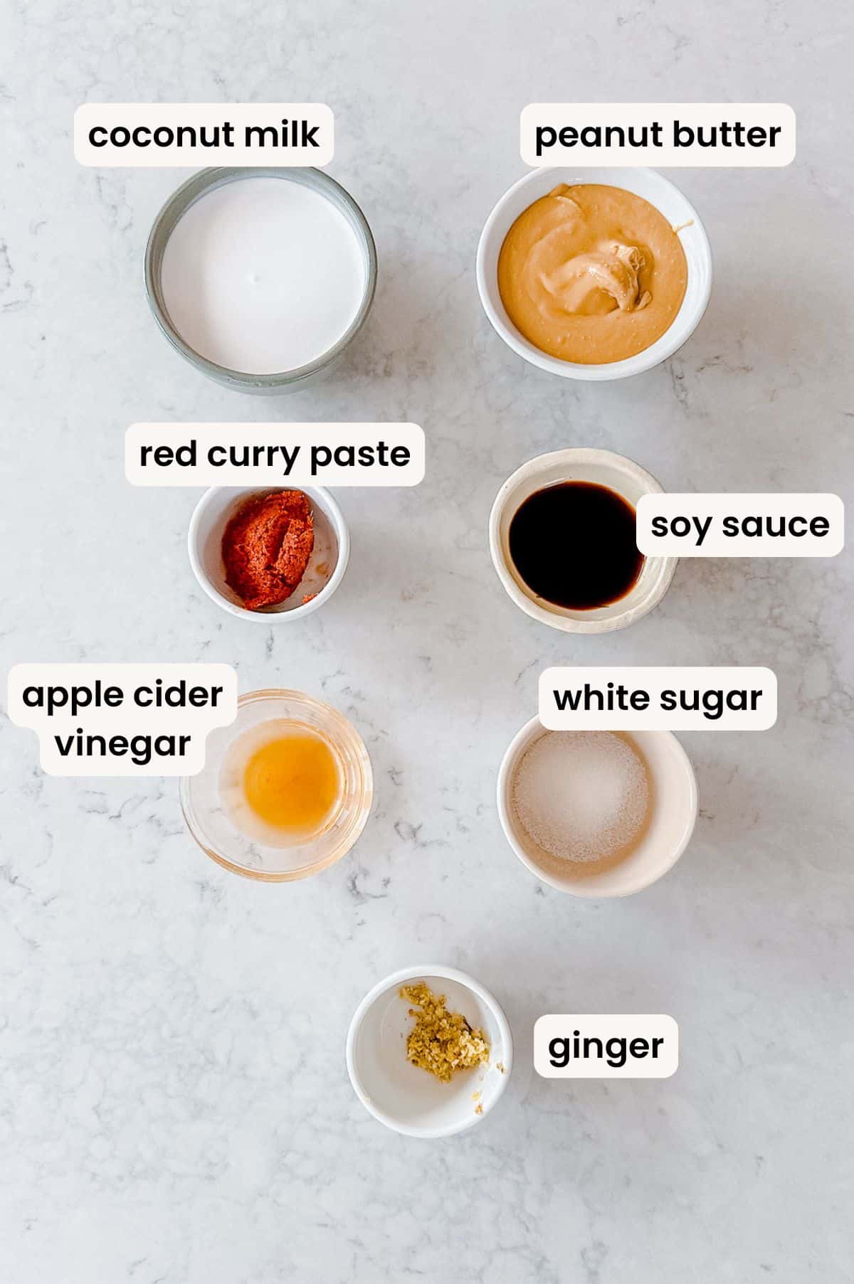 Eight small bowls on a white surface, each labelled: coconut milk, peanut butter, red curry paste, soy sauce, apple cider vinegar, white sugar, and ginger. Each bowl contains its corresponding ingredient.