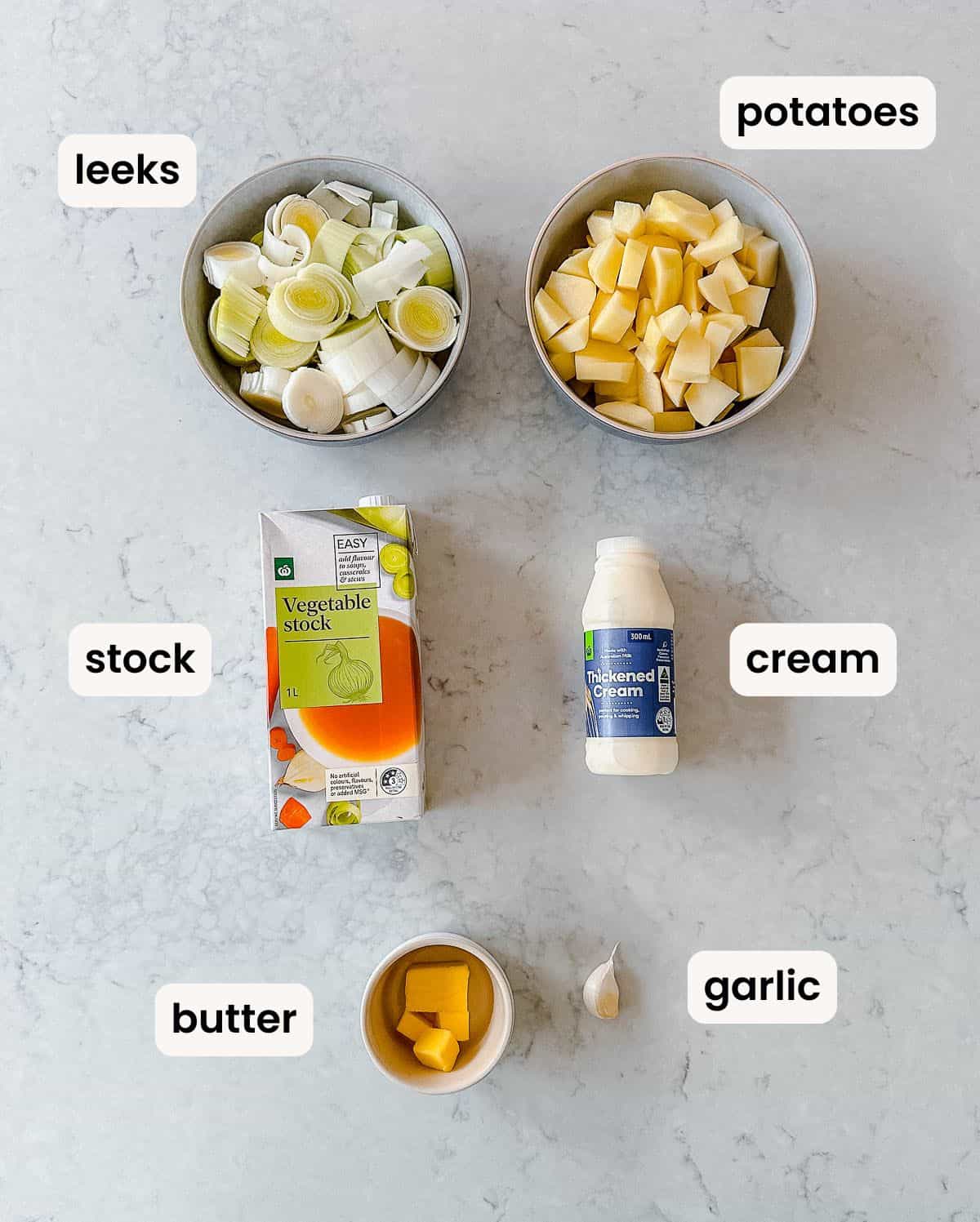 Top-down view of labelled ingredients for a soup: sliced leeks, diced potatoes, a carton of vegetable stock, a bottle of cream, a bowl of butter cubes, and two garlic cloves on a light surface.