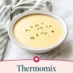 Leek and potato soup in a grey bowl on a grey background with large text.